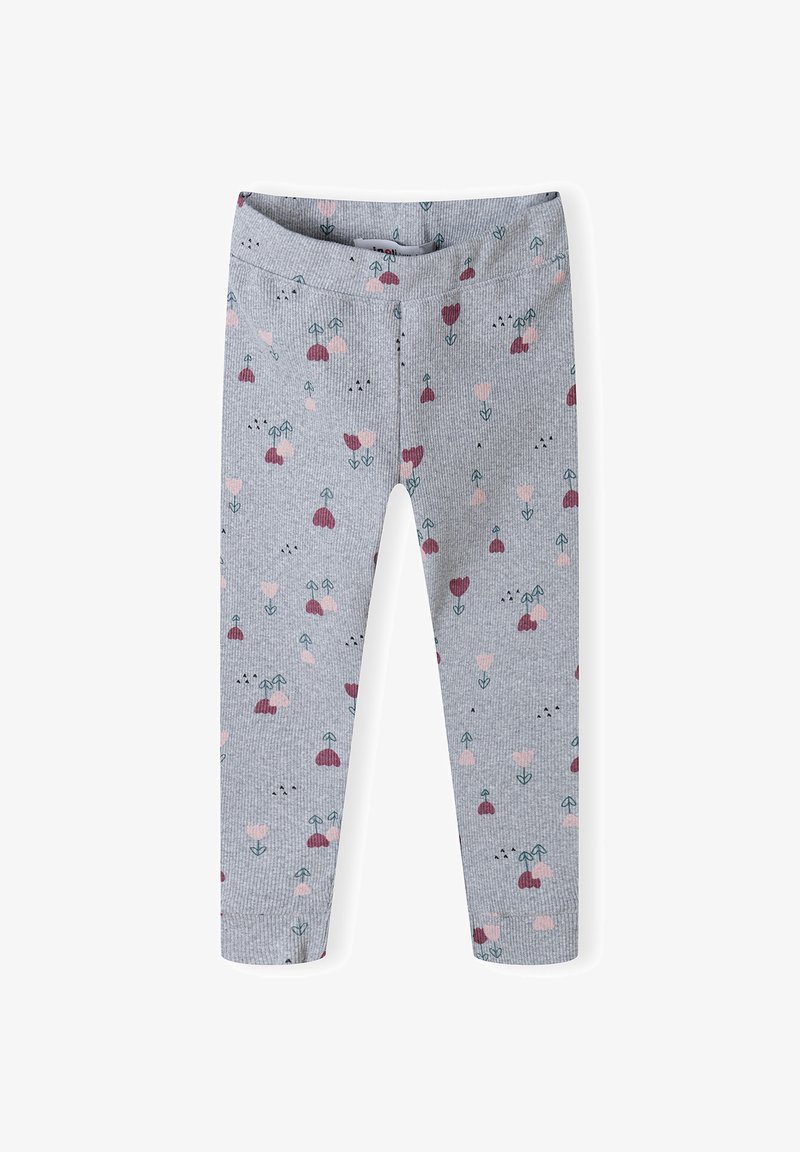 Pilkos ribotu audiniu vaikiškos legging'ų kelnės su išsibarsčiusiomis mažomis rožinėmis ir bordo tulpėmis.