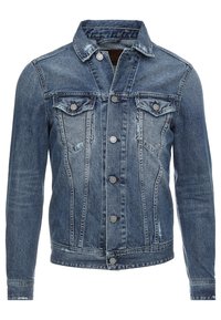 Jeansjacka i medelblå tvätt med spetsig krage, knappstängning fram, bröstfickor och sidotjocka. Har en blekt struktur och sömnadsdetaljer.