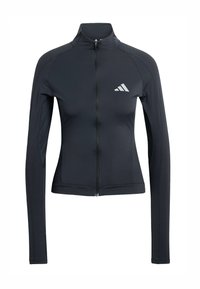 Μαύρο αθλητικό μπουφάν με μακριά μανίκια, ψηλό γιακά και φερμουάρ στο μπροστινό μέρος. Διαθέτει υφασμάτινη υφή και λευκό λογότυπο στο αριστερό πάνω μέρος του στήθους.