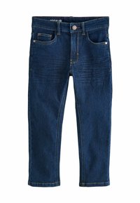 Sötét kék farmernadrág, slim fit szabású, elülső zsebekkel, gombos záródással és textúrált varrásokkal az elülső panelek mentén.