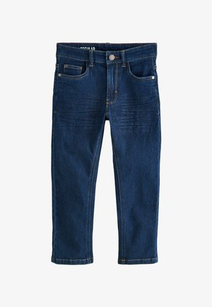 Jeans din denim albastru închis, cu o croială slim, având buzunare frontale, închidere cu nasture și cusături texturate pe panourile din față.