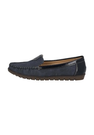 Chaussure de style mocassin bleu marine avec une tige en daim, des accents en cuir contrastants, des détails cousus et une semelle en caoutchouc.