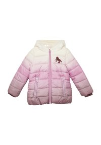 Gevoerde jas met een verloop van crème naar roze, voorzien van een capuchon, ritssluiting aan de voorkant, twee ritszakken en een geborduurd paardenmotief.