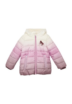 Gevoerde jas met een verloop van crème naar roze, voorzien van een capuchon, ritssluiting aan de voorkant, twee ritszakken en een geborduurd paardenmotief.