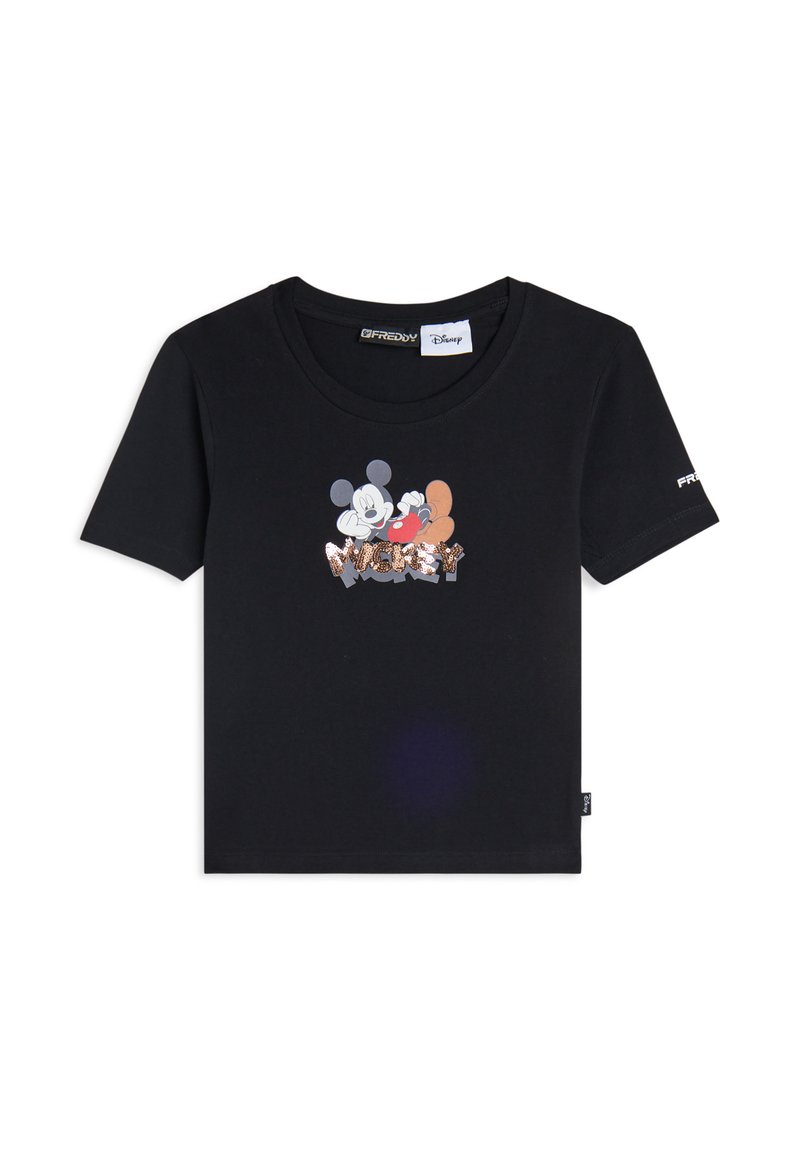 Camiseta de algodón negra con un gráfico de Mickey Mouse y la palabra "MICKEY" en acentos metálicos en el frente. Manga corta, cuello redondo.