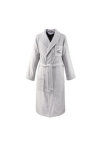 Accappatoio in pile grigio con colletto a scialle, dotato di cintura a cravatta, due tasche frontali e un piccolo logo ricamato sulla tasca del petto.