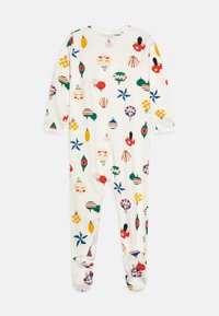 Body lungo con piedi in cotone bianco, caratterizzato da un motivo multicolore di decorazioni, volti e forme geometriche.