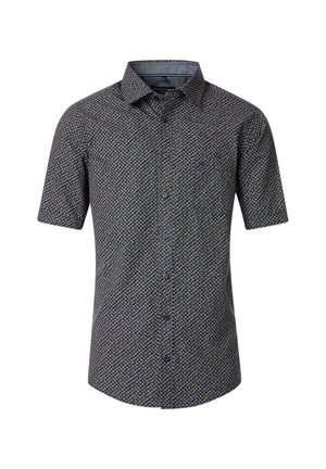 Kurzärmliges Hemd mit Knopfleiste in Dunkelblau mit einem geometrischen Muster aus mehrfarbigen Punkten, ausgestattet mit einem spitzen Kragen und kontrastierenden Knöpfen.