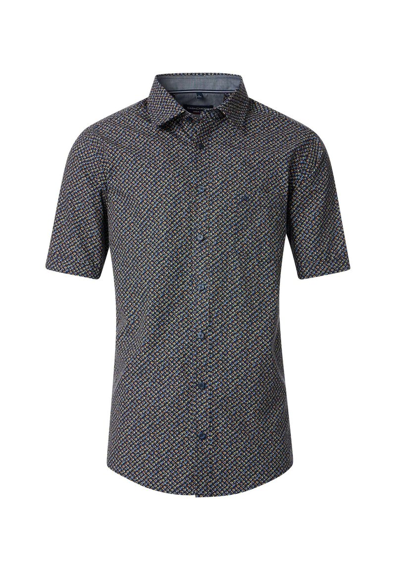 Short-sleeve button-up shirt, dark blue with a geometric pattern in yellow and white, featuring a classic collar and smooth fabric texture.