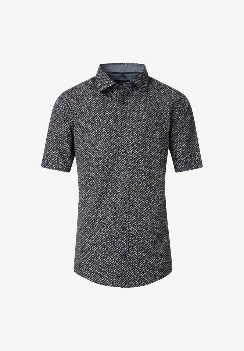 Short-sleeve button-up shirt, dark blue with a geometric pattern in yellow and white, featuring a classic collar and smooth fabric texture.