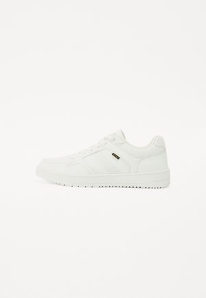 White sneaker with a smooth leather upper, rubber sole, lace-up design, side stripes, and a small brand emblem on the side.