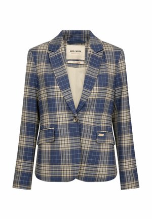 Plavi i bež karo krojeni sako s urezanim reverima, jednim kopčanjem, džepovima s poklopcima i brendiranom oznakom unutar ovratnika.