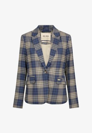 Zils un bēšs rūtainas raksta piegriezts žakete ar izgriezuma atlokiem, vienu pogu aizdari, kabatām ar atlokiem un iekšpusē apkakles daļā ar zīmolu marķējumu.