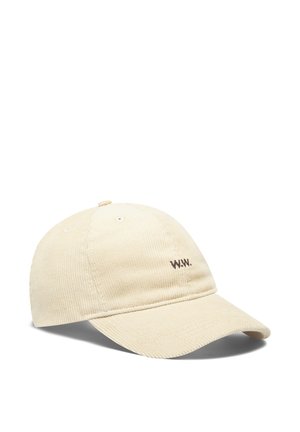 Beige corduroy baseball cap featuring a stitched "W.W." logo. Includes a curved brim and ventilation holes, presenting a textured surface.