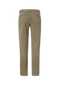 Khaki trousers with a smooth texture, slim fit, and a straight leg design. Features two back zip pockets and a belt loop waistband.