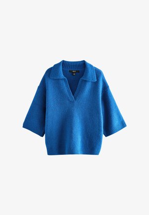 Blaues kurzärmliges Sweatshirt mit V-Ausschnitt und Kragen. Weicher, strukturierter Stoff. Gerippte Bündchen und Saum. Einfaches Design ohne Muster oder Akzente.