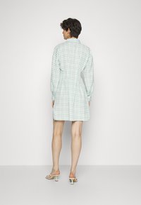 Vestido xadrez verde e branco com gola, mangas longas e silhueta ajustada, apresentando uma saia rodada e detalhes em botão.