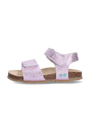 Paarse sandalen met een textuur, verstelbare klittenbandsluitingen, een voetbed van kurk en turquoise accenten aan de zijkant. Platte zool voor comfort.