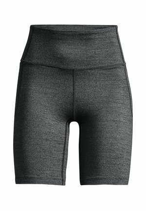 Zwarte naadloze biker shorts met hoge taille, strak ontwerp en zichtbare naden op een witte achtergrond.