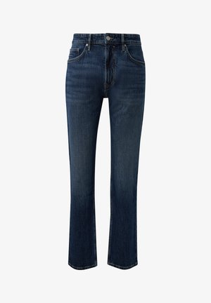 Donkerblauwe spijkerbroek met rechte pijpen, voorzakken, knoopsluiting en riemlussen op een witte achtergrond.