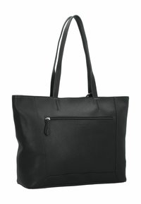 Schwarze Leder-Tote mit glatter Textur, doppelten Schulterriemen und einer Vorderreißverschlusstasche. Verfügt über ein minimalistisches Design mit dezenten Akzenten.