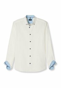 Weißes Langarmhemd mit blauen Akzenten am Kragen und an den Manschetten, mit einem Button-Down-Design und dunklen Knöpfen, aus strukturiertem Stoff.