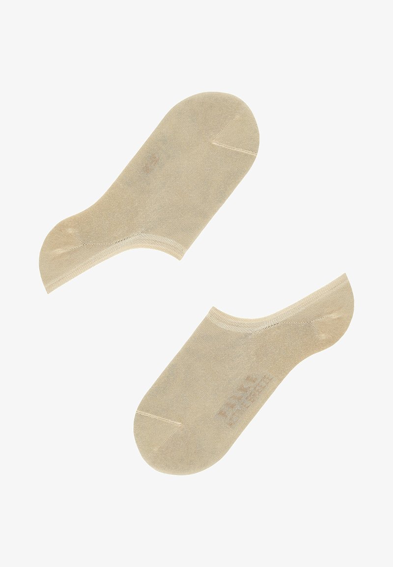 Beige, knöchelhoche Socken aus einem dünnen, transparenten Material. Sie haben eine glatte Textur und weiche Kanten mit einem schlichten, unauffälligen Design.