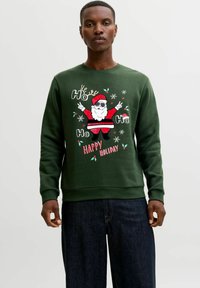 Zelená mikina s dlouhými rukávy se designem Santy, vánočním textem a barevnými prvky jako cesmína a sněhové vločky.
