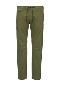 Olijfgroene broek van lichtgewicht stof, met een elastische tailleband met trekkoord, rechte pijpen en zijzakken.