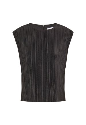 Musta, laskostettu paita korkealla kaula-aukolla ja hihattomilla hihoilla. Ominaisuuksiin kuuluu takana oleva vetskari ja sileä, teksturoitu pinta.