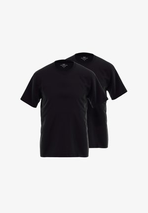 Zwarte katoenen t-shirts weergegeven in een paar, met korte mouwen, een klassiek crew neck ontwerp en een gladde, even structuur.
