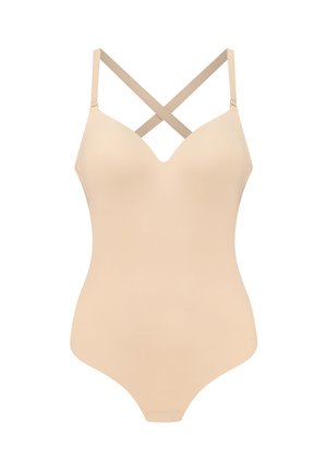 Body nudo con spalline incrociate regolabili. Tessuto liscio, scollatura a V, design aderente, bordi senza cuciture e copertura totale nella parte inferiore.