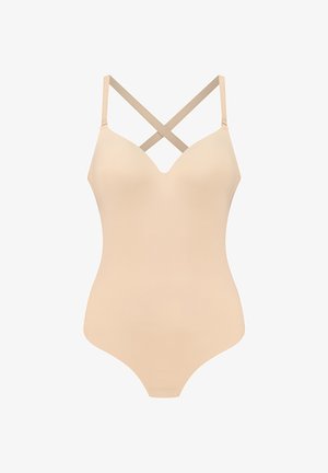 Body nu avec des bretelles croisées ajustables. Tissu lisse, décolleté en V, design ajusté, bords sans couture et pleine couverture en bas.