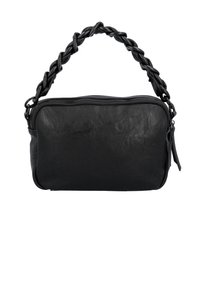 Sac à main en cuir noir avec une poignée tressée, de forme rectangulaire, fermeture à glissière, texture lisse et peu de détails matériels.
