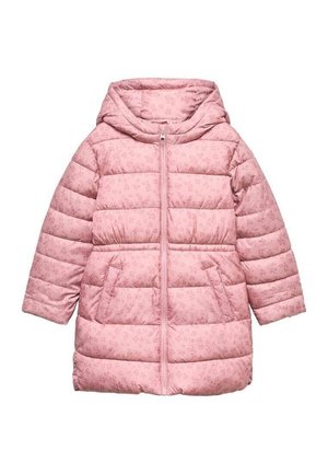 Veste matelassée rose à manches longues avec capuche pour enfants, fermeture éclair devant et poches latérales, avec un motif floral subtil.