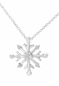 Silberne Schneeflocken-Halskette mit einem zentralen klaren Edelstein. Sie verfügt über texturierte Arme, kleine Edelsteine, die die Spitzen akzentuieren, und eine zarte Kette.