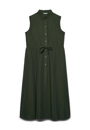 Abito midi verde scuro senza maniche con colletto, bottoni frontali e fiocco in vita, mostrato su sfondo bianco.