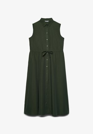 Abito midi verde scuro senza maniche con colletto, bottoni frontali e fiocco in vita, mostrato su sfondo bianco.