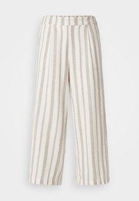 Culottes en lin léger à rayures beige et blanches, présentant une coupe décontractée, des jambes larges et une taille élastique pour plus de confort.