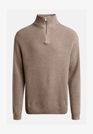 Sweter z dzianiny w kolorze taupe, prążkowany, z długimi rękawami i półzamkiem przy stójce.