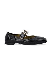 Schwarze Lackleder-Ballerinas im Mary-Jane-Stil, mit einem breiten Schnallenriemen und ovalen Ausschnitten, flacher Sohle und glatter Oberfläche.