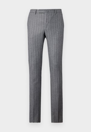 Pantalons gris à rayures faites d'un tissu texturé, dotés d'un design classique, d'une coupe droite et de deux poches avant.