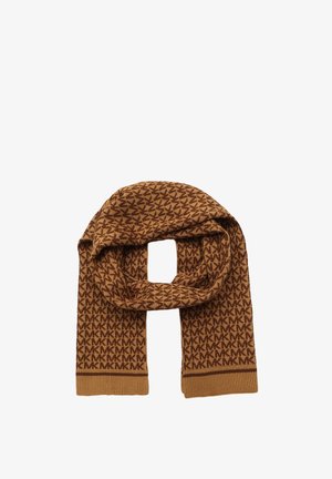 Bufanda de punto marrón con un patrón monograma en marrón oscuro de "MK" repetido y extremos acanalados, dispuesta plana en una disposición enrollada.
