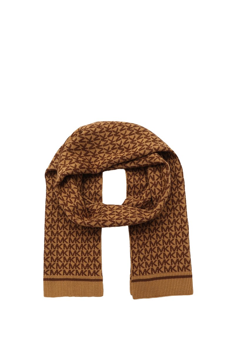 Écharpe en tricot marron avec un motif de monogramme "MK" en marron foncé, se répétant et avec des extrémités côtelées, disposée à plat dans un arrangement en boucle.