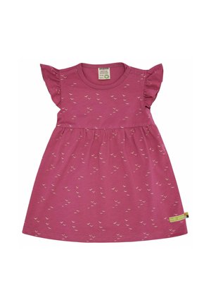 Rotes Baumwollkleid mit kurzen Rüschärmeln, gerafftem Taillenbereich und dezentem Vogelmuster. Besitzt ein Etikett in der unteren rechten Ecke.