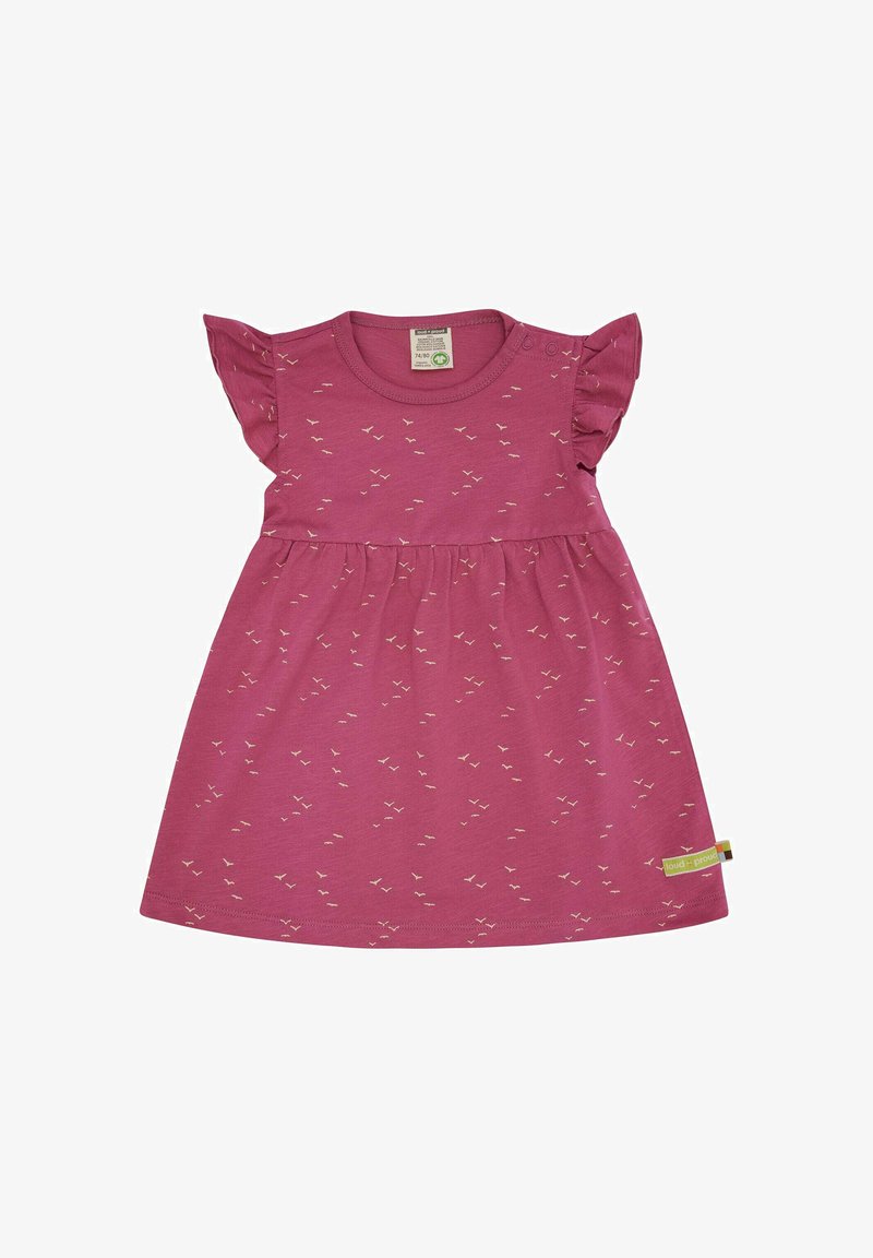 Roze katoenen jurk met korte gerimpelde mouwen, een gebundelde taille en een subtiel vogelpatroon. Bevat een label in de rechterbenedenhoek.