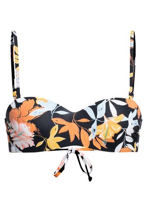 Schwarzer Bikini-Oberteil mit floralen Mustern in Orange und Hellblau, verstellbaren Trägern und einer Mittelbindedetail auf der Vorderseite. Glatte Textur.