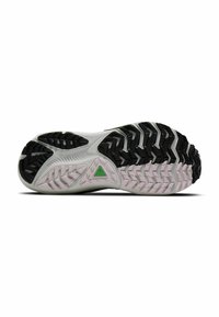 Trail running shoe sole featuring a black and gray rubber design with deep tread patterns and a green triangular logo. Textured and flexible material.