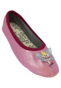 Rosafarbene Ballettschuhe mit schimmerndem, strukturiertem Finish. Ausgestattet mit einem bordeauxroten elastischen Saum und einem gestickten Feenmotiv auf der Zehenpartie.