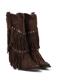 Botines de ante marrón con detalles de flecos largos, remaches de bronce y diseño de punta afilada. Acabado texturizado y silueta de estilo occidental.